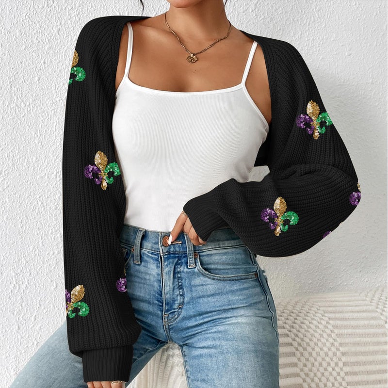 Durio Bolero Shrug Mardi Gras Cardigan for Women Cropped Womens Sweater Tops Y2K Long Sleeve Cropped Open Front Top Womens Gifts X-Small - Image 5