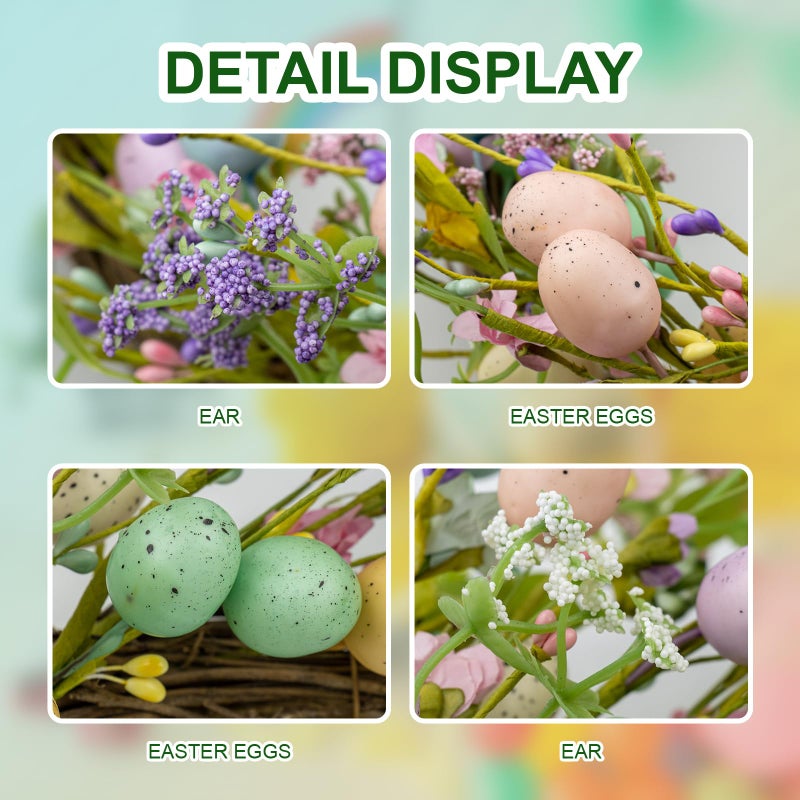 J'FLORU Artificial Easter Wreath 22 Inch Easter Wreaths for Front Door Colorful Egg Wreath with Flowers Green Leaves for Door Wall Porch Farmhouse Decor - Image 4