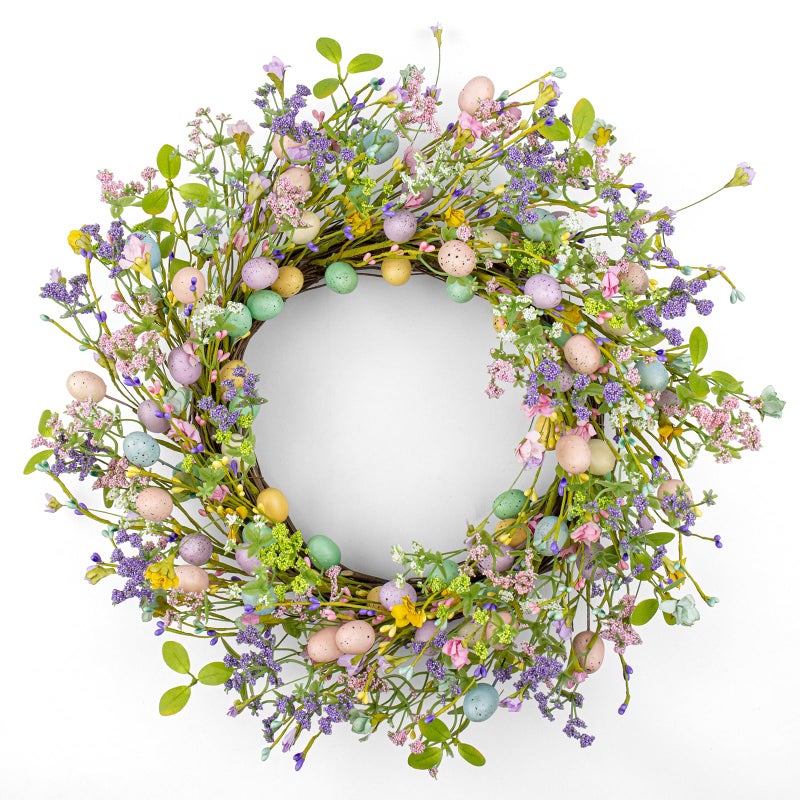 J'FLORU Artificial Easter Wreath 22 Inch Easter Wreaths for Front Door Colorful Egg Wreath with Flowers Green Leaves for Door Wall Porch Farmhouse Decor - Image 1