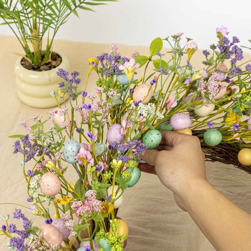 J'FLORU Artificial Easter Wreath 22 Inch Easter Wreaths for Front Door Colorful Egg Wreath with Flowers Green Leaves for Door Wall Porch Farmhouse Decor - Image 3