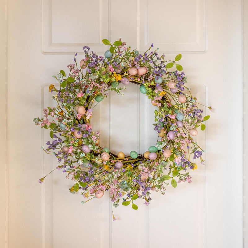 J'FLORU Artificial Easter Wreath 22 Inch Easter Wreaths for Front Door Colorful Egg Wreath with Flowers Green Leaves for Door Wall Porch Farmhouse Decor - Image 2
