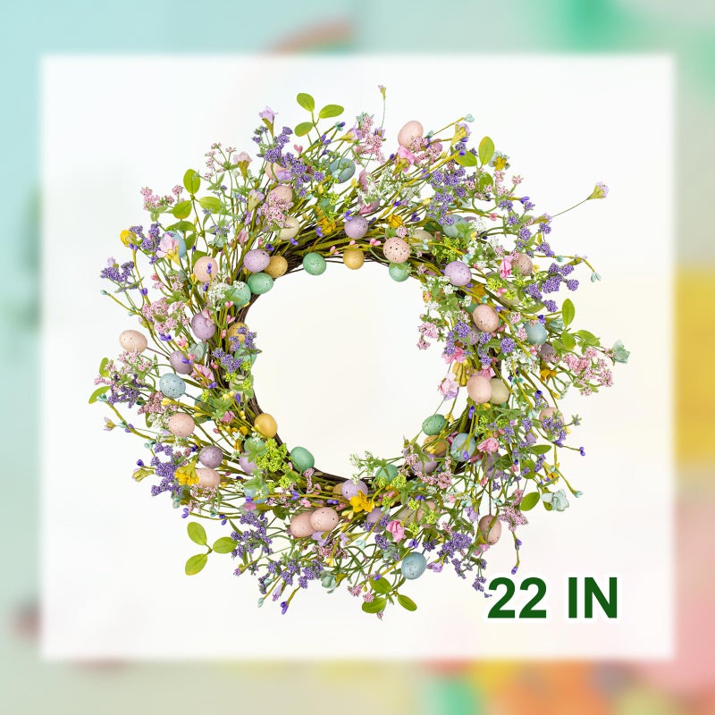 J'FLORU Artificial Easter Wreath 22 Inch Easter Wreaths for Front Door Colorful Egg Wreath with Flowers Green Leaves for Door Wall Porch Farmhouse Decor - Image 5