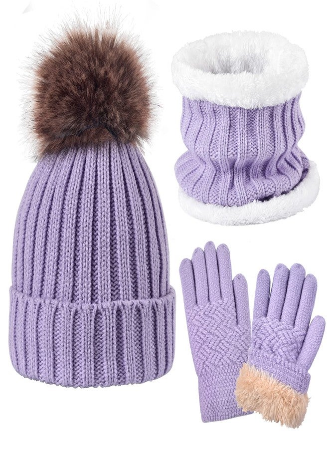 UOUDIO Kids Winter Knit Beanie Hat Scarf and Gloves Set for Girls Boys Warm Thick Fleece Lined Thermal Purple Skull Cap Mittens Infinity Scarf Neck Warmer with Pompom for 6-10 Years Old Baby Toddler Children - Image 1