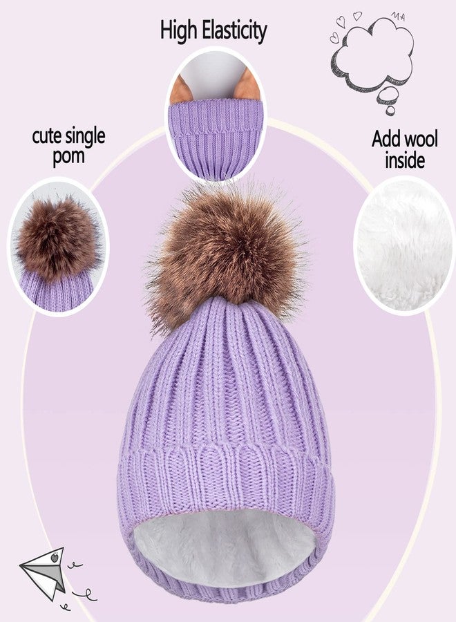 UOUDIO Kids Winter Knit Beanie Hat Scarf and Gloves Set for Girls Boys Warm Thick Fleece Lined Thermal Purple Skull Cap Mittens Infinity Scarf Neck Warmer with Pompom for 6-10 Years Old Baby Toddler Children - Image 2