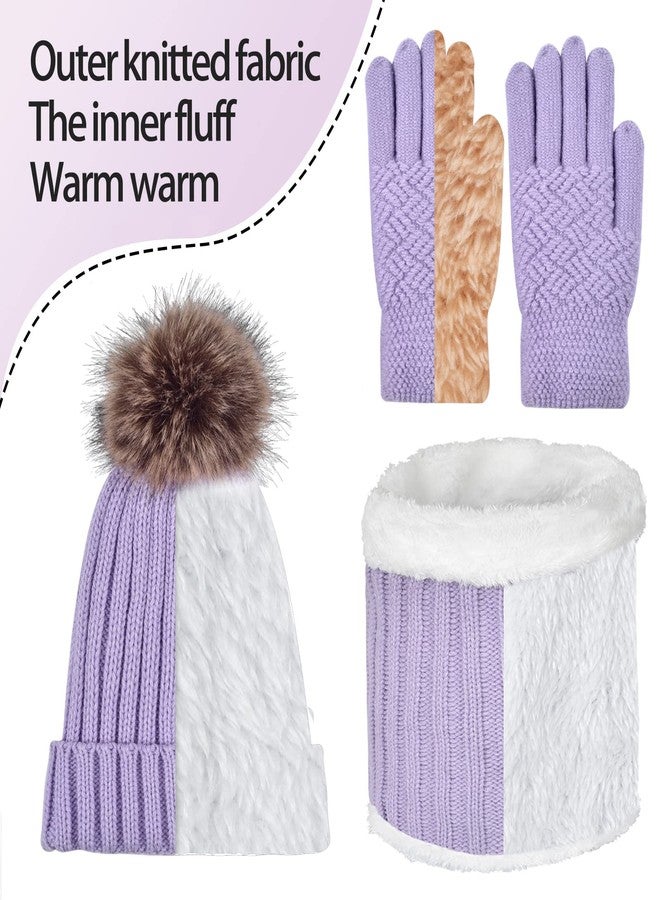 UOUDIO Kids Winter Knit Beanie Hat Scarf and Gloves Set for Girls Boys Warm Thick Fleece Lined Thermal Purple Skull Cap Mittens Infinity Scarf Neck Warmer with Pompom for 6-10 Years Old Baby Toddler Children - Image 5