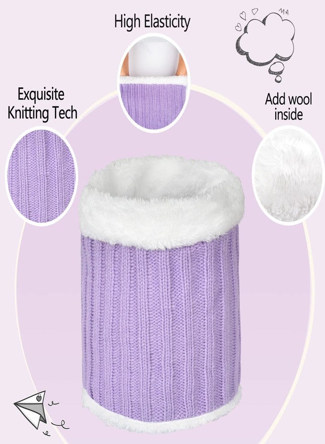 UOUDIO Kids Winter Knit Beanie Hat Scarf and Gloves Set for Girls Boys Warm Thick Fleece Lined Thermal Purple Skull Cap Mittens Infinity Scarf Neck Warmer with Pompom for 6-10 Years Old Baby Toddler Children - Image 3