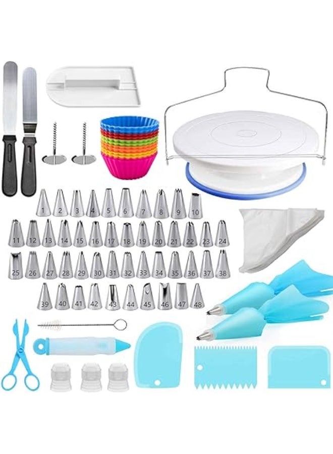 بريميفي مجموعة تزيين الكيك 107 قطع من لوازم الخبز مع قرص دوار 28 سم بريميفي أدوات نحت وأطراف ملاعق للكعك معجنات قطاعة وفوهات كيك للمبتدئين والمحترفين متعدد الألوان - Image 1