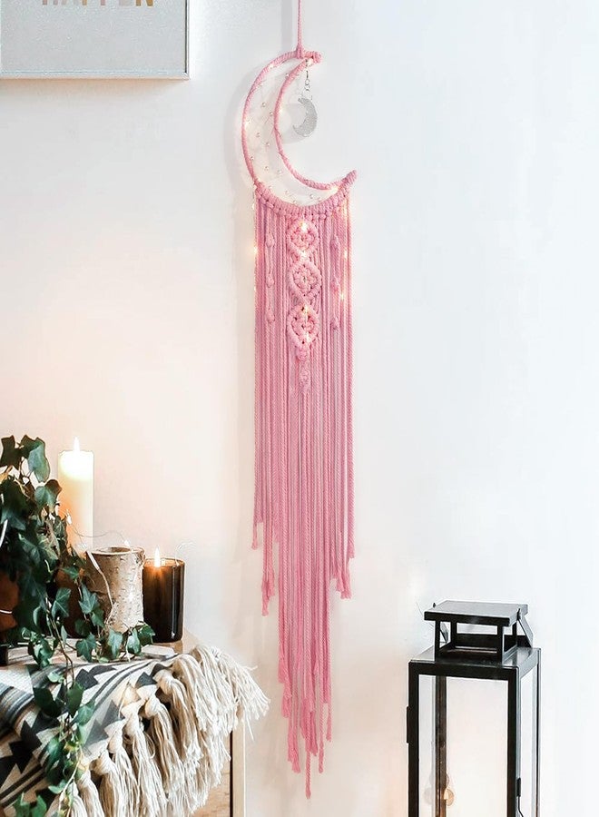 ANROYE Macrame Moon Dream Catcher for Girl, Pink Boho Crescent Dreamcatcher for Bedroom Adult, Large Handmade Aesthetic Room Wall Hanging with Star Pendant for Teen, Bohemian Home Decoration Gift Idea - Image 1