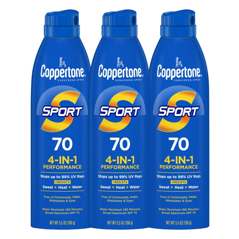 Coppertone SPORT Sunscreen Spray SPF 70, Water Resistant Sunscreen, Broad Spectrum SPF 70 Sunscreen, Bulk Sunscreen Pack, 5.5 Oz Spray, Pack of 3 - Image 1