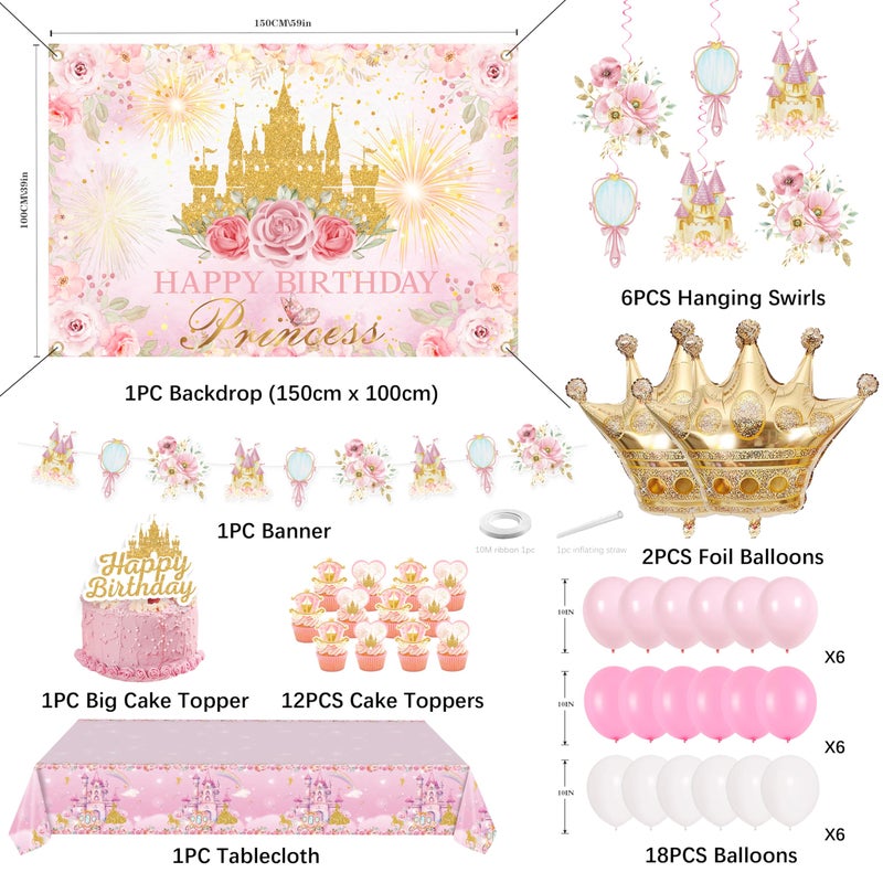 jenlion Happy Birthday Decorations For Women Men,Birthday Backdrop,Banner Balloons,Table Cloth,Paper pom poms Party Supplies for Girls Boys (Princess) - Image 2