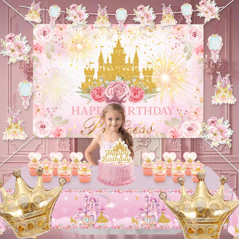 jenlion Happy Birthday Decorations For Women Men,Birthday Backdrop,Banner Balloons,Table Cloth,Paper pom poms Party Supplies for Girls Boys (Princess) - Image 3