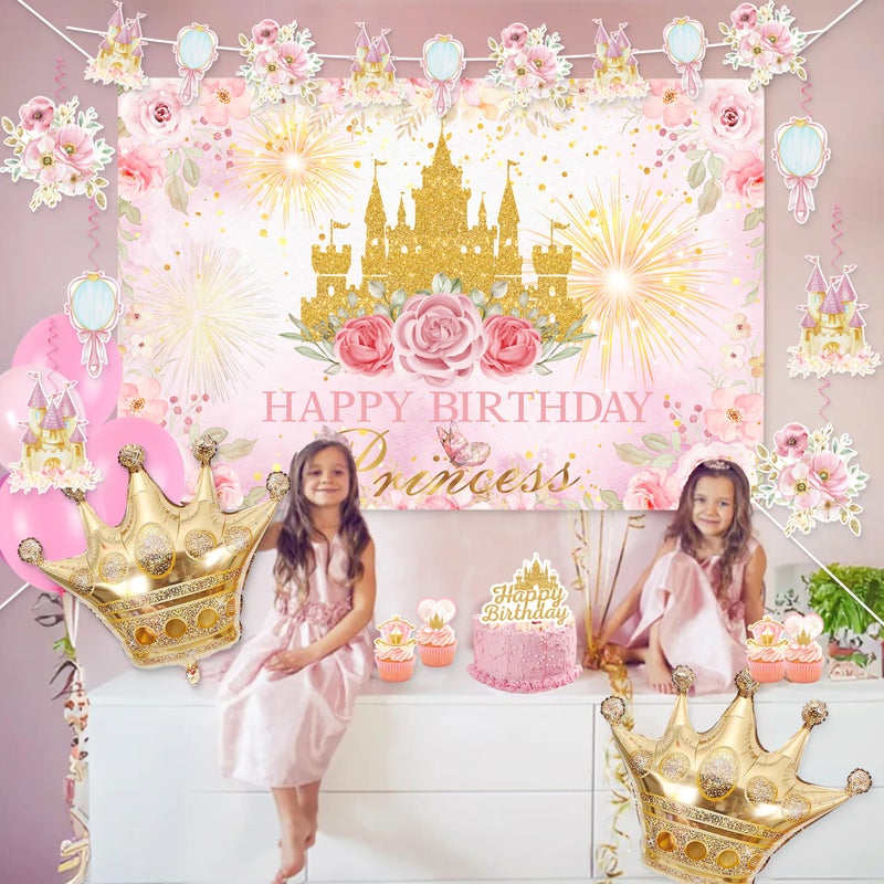 jenlion Happy Birthday Decorations For Women Men,Birthday Backdrop,Banner Balloons,Table Cloth,Paper pom poms Party Supplies for Girls Boys (Princess) - Image 4