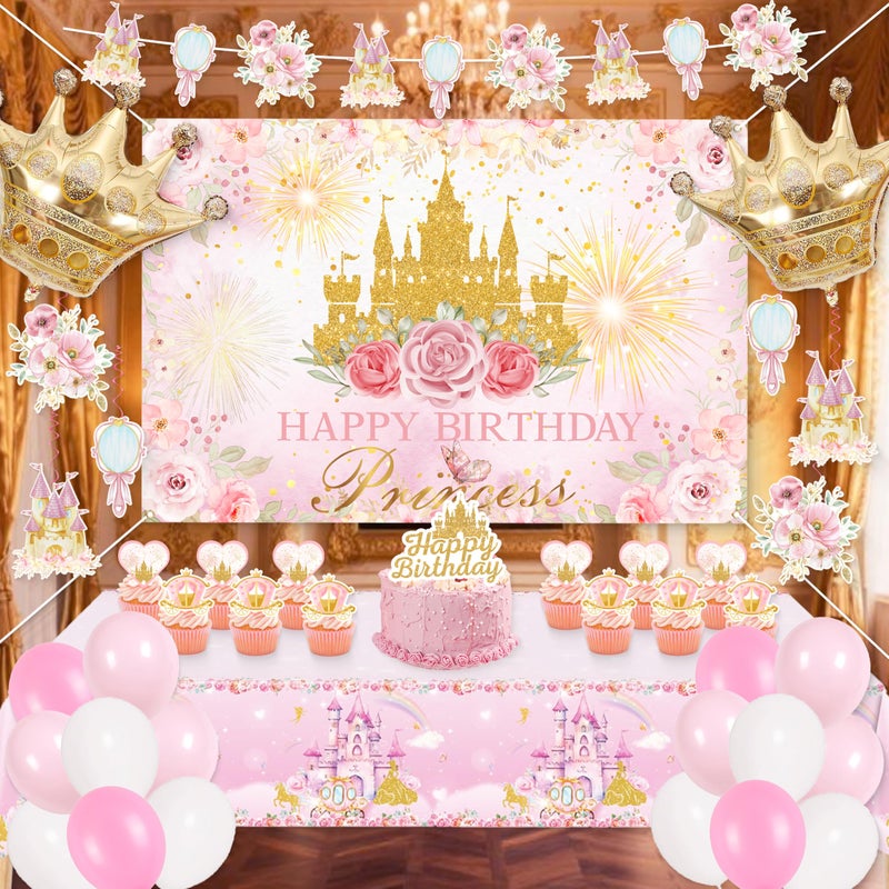 jenlion Happy Birthday Decorations For Women Men,Birthday Backdrop,Banner Balloons,Table Cloth,Paper pom poms Party Supplies for Girls Boys (Princess) - Image 1