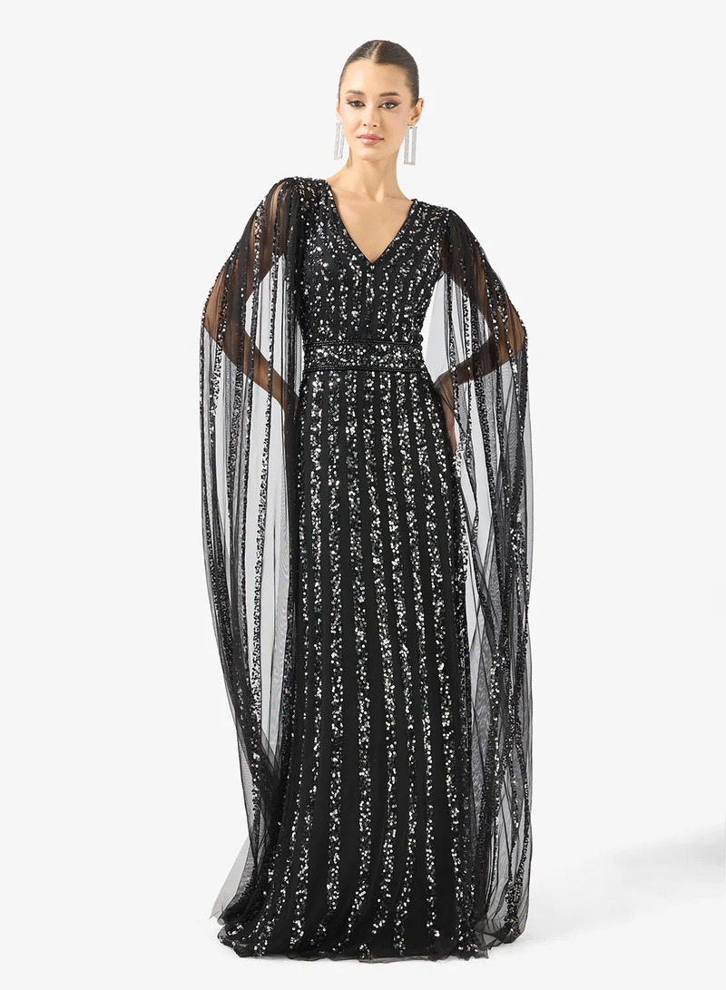Plunge Neck Bead Embellished Gown with Cape