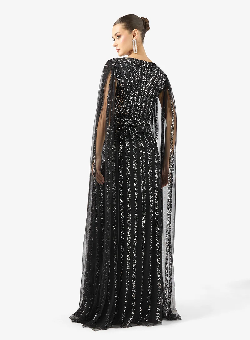 Namshi x Plunge Neck Bead Embellished Gown with Cape