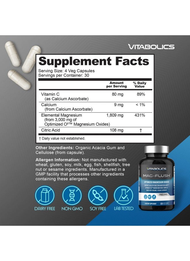 Vitabolics - Vitabolics Mag Flush Magnesium Oxide Capsules 750mg 120 Vcaps - Oxygenated Magnesium Oxide Supplement for Constipation Relief, Colon Cleanse, Laxative and Digestion Support for Women and Men - Image 1