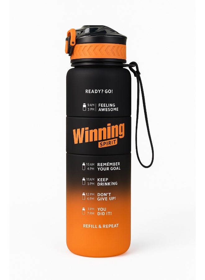 Toshionics 1000ml Motivational Winning Spirit Water Bottle with Time Markers, One-Touch Lockable Lid, Flip-Up Integrated Straw, One Carry Handle and Non-Slip Lid - BPA-Free, Leak-Proof Lid, Eco- Friendly, Plastic, Reusable, Drink Reminder Water Bottle for Adults and Kids in School, Office, Daily Hydration, Gym, Fitness, Yoga, Cycling, Hiking, Outdoor Camping, Hiking, Sports and Travel, 32oz Bottle - Image 1