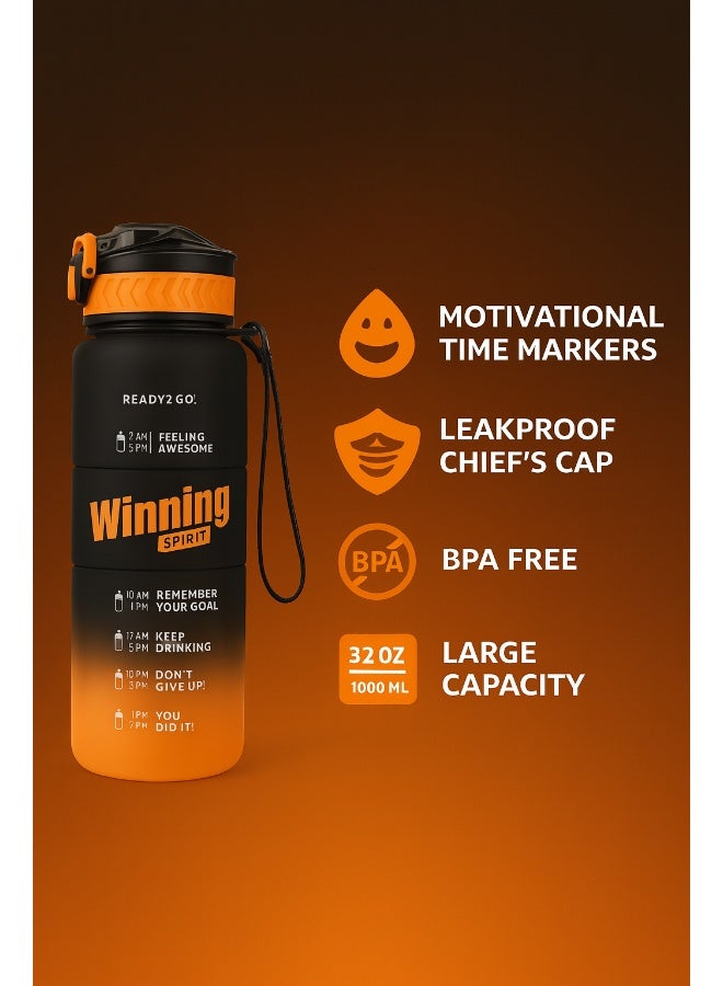 Toshionics 1000ml Motivational Winning Spirit Water Bottle with Time Markers, One-Touch Lockable Lid, Flip-Up Integrated Straw, One Carry Handle and Non-Slip Lid - BPA-Free, Leak-Proof Lid, Eco- Friendly, Plastic, Reusable, Drink Reminder Water Bottle for Adults and Kids in School, Office, Daily Hydration, Gym, Fitness, Yoga, Cycling, Hiking, Outdoor Camping, Hiking, Sports and Travel, 32oz Bottle - Image 2