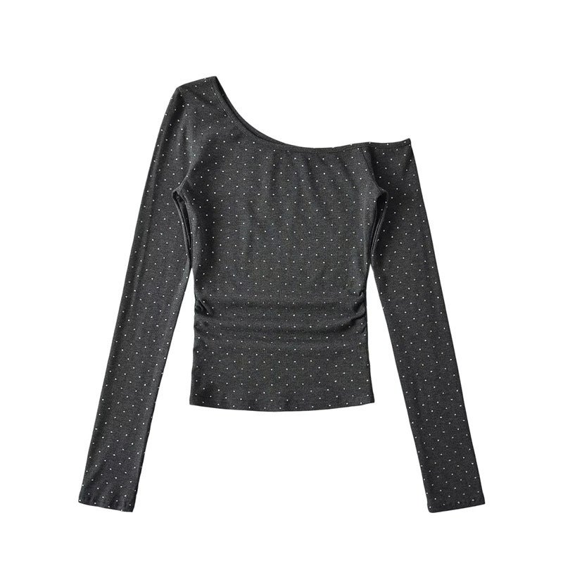 American Style Spice Girl One-Character Collar Slant Shoulder Rhinestone Long-Sleeved T-Shirt Autumn New Pure Desire Shoulder Inner Base Shirt - Image 1