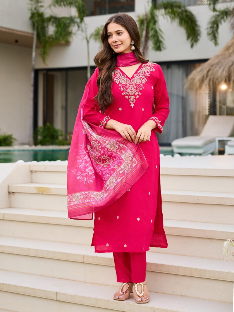 Dwiza Enterprise Women's Roman Silk Val Moti Embroidered Kurta with Pant & Chinon Floral Print Dupatta | 3/4 Sleeves | V-Neck | Calf Length | Regular Fit | Casual & Travel Wear (Pink, L) - Image 2