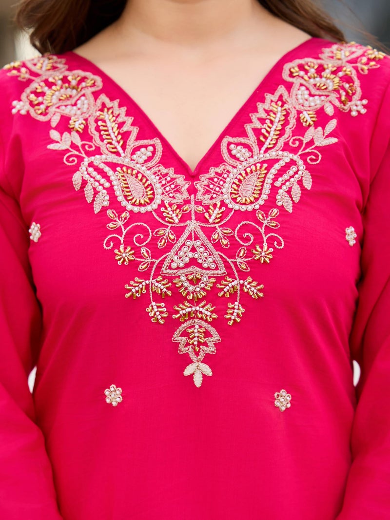 Dwiza Enterprise Women's Roman Silk Val Moti Embroidered Kurta with Pant & Chinon Floral Print Dupatta | 3/4 Sleeves | V-Neck | Calf Length | Regular Fit | Casual & Travel Wear (Pink, L) - Image 5