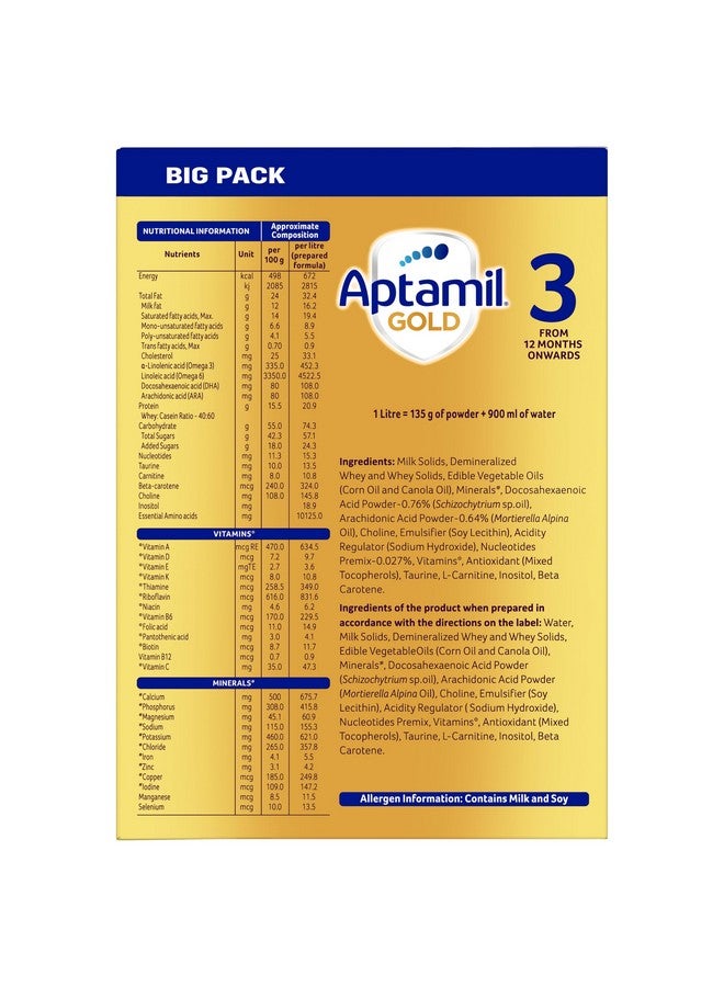 Aptamil Aptamil Gold Infant Formula Milk Powder for Babies - Stage 3 (12 month onwards) - with Prebiotics and DHA - 1.2 kgs - Large Pack - Image 4