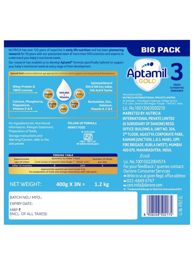 Aptamil Aptamil Gold Infant Formula Milk Powder for Babies - Stage 3 (12 month onwards) - with Prebiotics and DHA - 1.2 kgs - Large Pack - Image 3