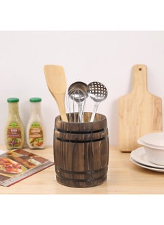 MyGift MyGift Wine Barrel Design Kitchen Utensil Crock, Vintage Rustic Burnt Wood Cooking Tool Holder  - Image 2