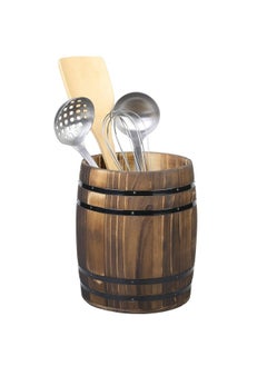 MyGift MyGift Wine Barrel Design Kitchen Utensil Crock, Vintage Rustic Burnt Wood Cooking Tool Holder  - Image 1