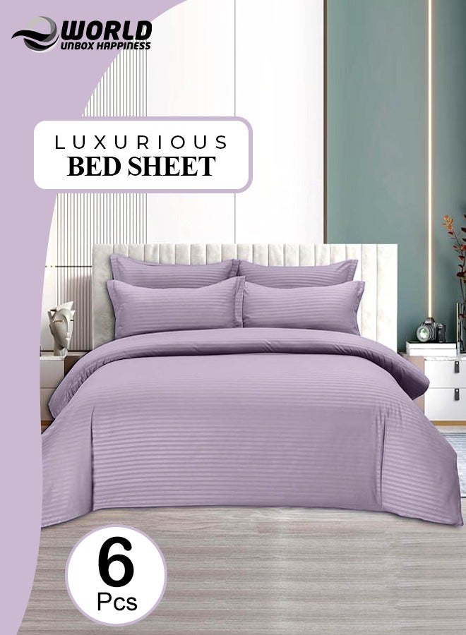 Eworld 6 Piece Premium King Size Bedding Set, Purple Striped Design and High Quality Cotton Hotel Luxury Bedsheet, Soft Quilt Cover and Pillowcases  - Image 1