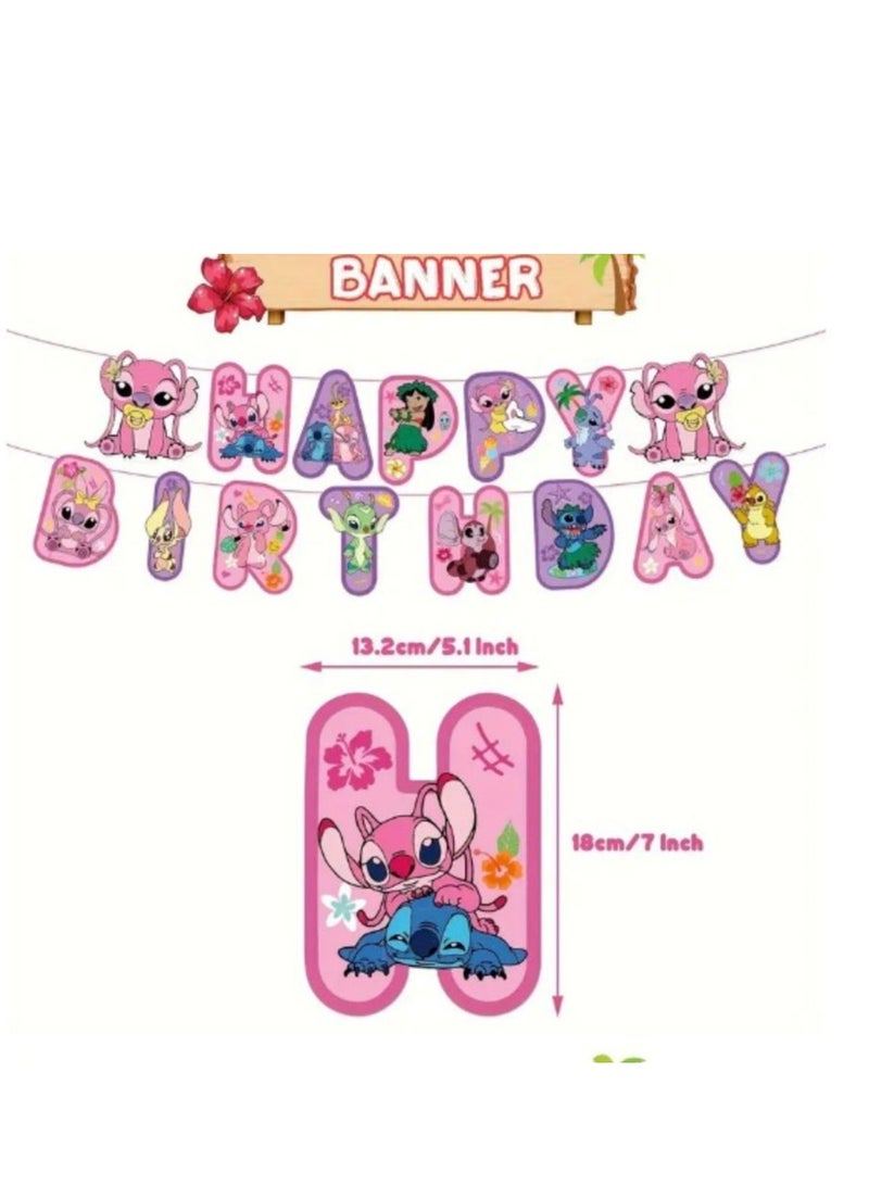 Tamona Lilo & Stitch Pink Party Supplies, Pink Girl Stitch Birthday Decoration,& Lilo Cartoon Theme Party Favors for  Girls Included Happy Birthday Banner, Cupcake Toppers, Latex Balloons- 46 Pcs - Image 3
