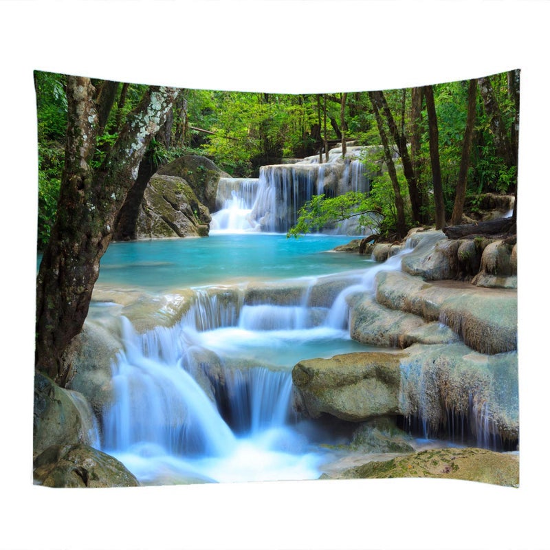 Forest Waterfall Water Print Fabric Tapestry Decorative Wall Art Tablecloth Bedspread Picnic Blanket Beach Throw Blanket Multifunctional for Bedroom Hall Dormitory Living Room Hanging 91 x 71 inches