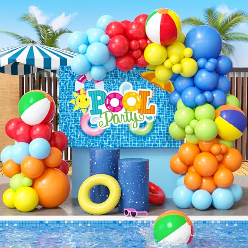 SNLN 129Pcs Pool Party Decorations Birthday Supplies Outdoor Pool Summer Theme Balloon Garland Arch Kit Backdrop Beach Ball Tropical Luau Hawaii Holiday Swimming Outdoor Pool Decor Party Supplies - Image 1
