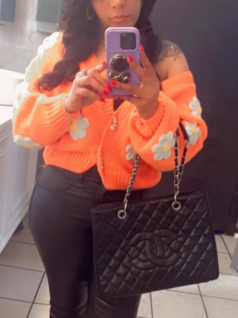 HOULENGS Women's Kawaii Flower Embroidered Button Down Cardigan Sweater Long Sleeve V Neck Knitted Crop Sweater Coat Orange One Size - Image 2