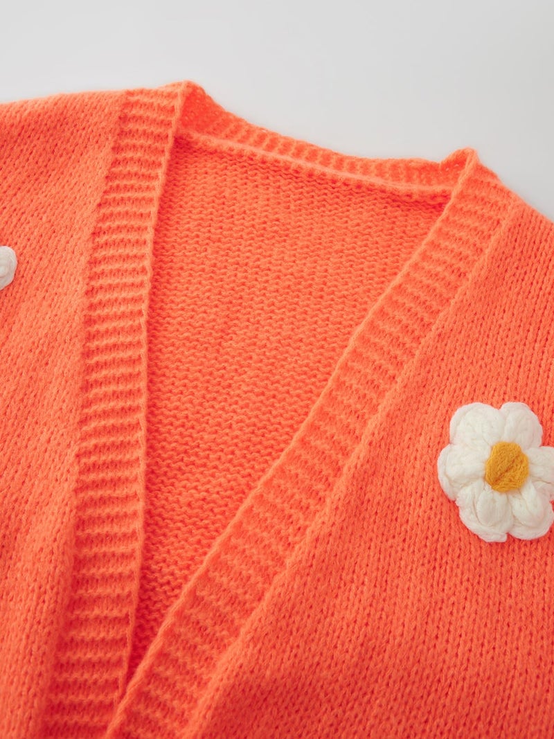 HOULENGS Women's Kawaii Flower Embroidered Button Down Cardigan Sweater Long Sleeve V Neck Knitted Crop Sweater Coat Orange One Size - Image 5