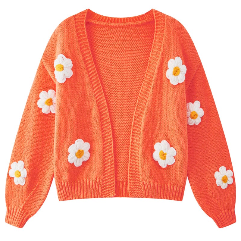 HOULENGS Women's Kawaii Flower Embroidered Button Down Cardigan Sweater Long Sleeve V Neck Knitted Crop Sweater Coat Orange One Size - Image 1
