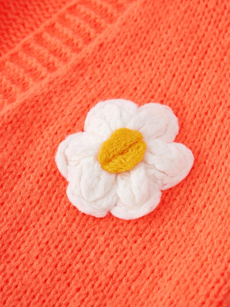 HOULENGS Women's Kawaii Flower Embroidered Button Down Cardigan Sweater Long Sleeve V Neck Knitted Crop Sweater Coat Orange One Size - Image 4