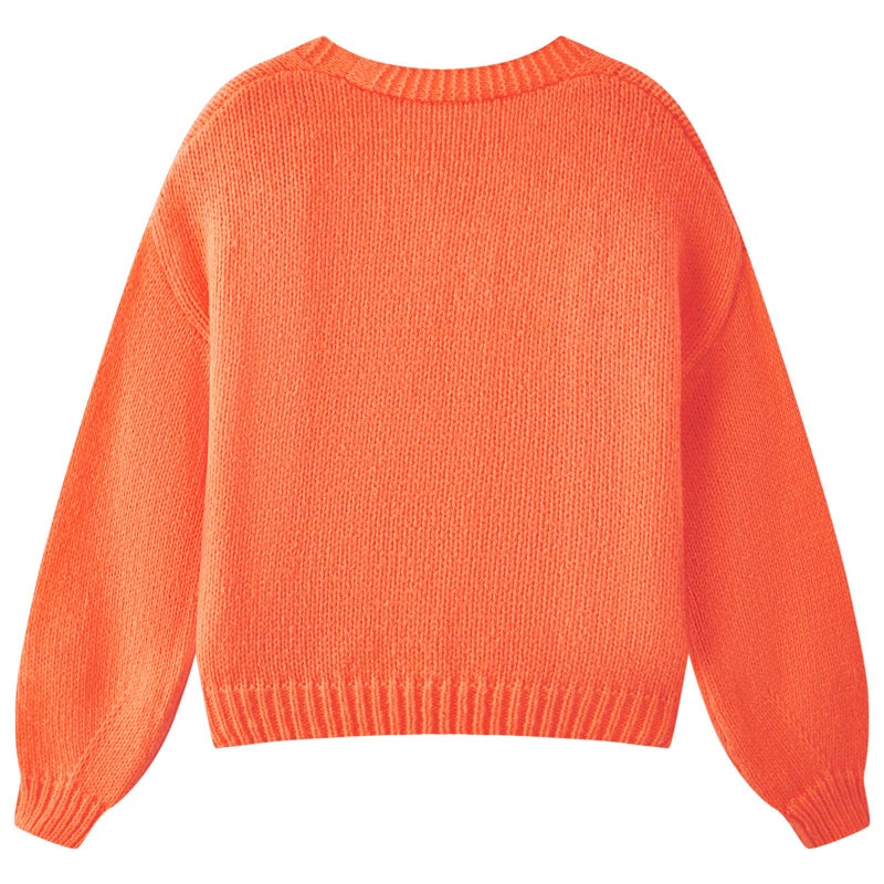 HOULENGS Women's Kawaii Flower Embroidered Button Down Cardigan Sweater Long Sleeve V Neck Knitted Crop Sweater Coat Orange One Size - Image 3