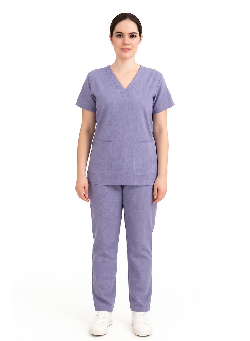 Rannah's Uniform Melange Scrub Suit Uniform Unisex Light Purple V-Neck Nurse Suit Set - Image 1