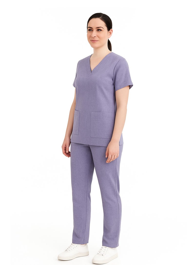 Rannah's Uniform Melange Scrub Suit Uniform Unisex Light Purple V-Neck Nurse Suit Set - Image 2