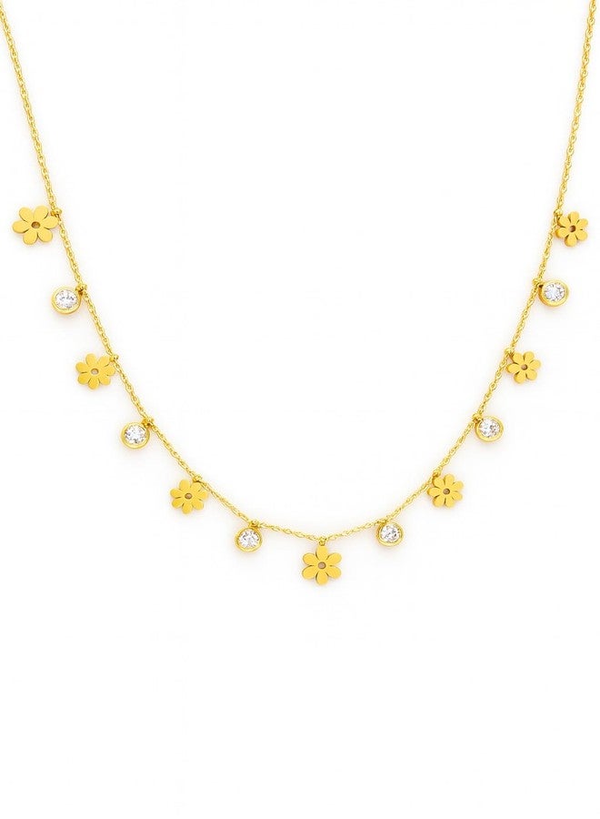 MEENAZ Jewellery Gold Flower Charm Necklace for Women Adjustable Chain with AD Diamond Stones Stainless Steel Waterproof Anti-Rust Stylish Locket Necklace Valentine Gift for Girlfriend Woman-214 - Image 1