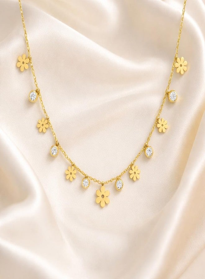 MEENAZ Jewellery Gold Flower Charm Necklace for Women Adjustable Chain with AD Diamond Stones Stainless Steel Waterproof Anti-Rust Stylish Locket Necklace Valentine Gift for Girlfriend Woman-214 - Image 4