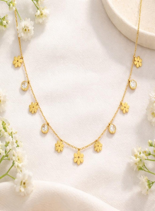 MEENAZ Jewellery Gold Flower Charm Necklace for Women Adjustable Chain with AD Diamond Stones Stainless Steel Waterproof Anti-Rust Stylish Locket Necklace Valentine Gift for Girlfriend Woman-214 - Image 3