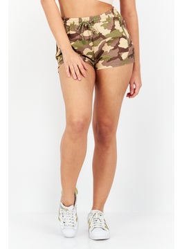 Women Drawstring Camouflage Basic Shorts, Tan Combo