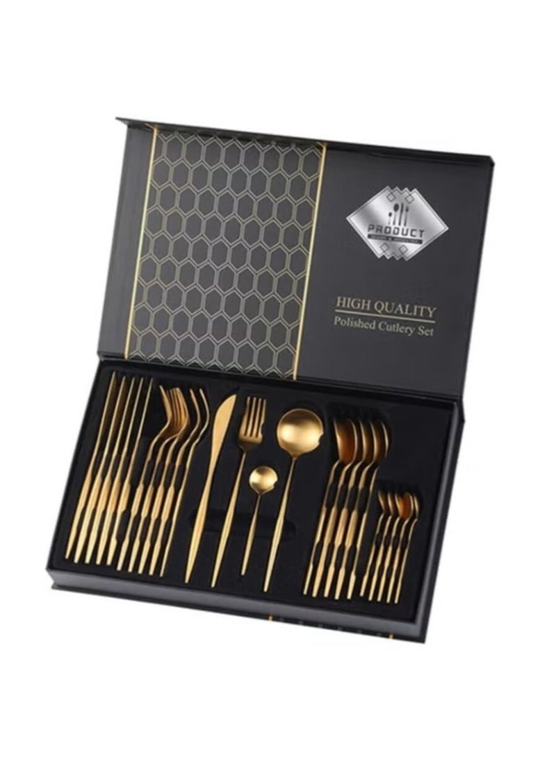 Gold cutlery set (24 pieces) in a premium box – excellent quality – made of stainless steel – includes dinner forks, spoons, and steak knives – serves 6 people – matte gold finish – dishwasher safe. - Image 1