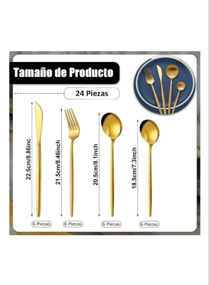 Gold cutlery set (24 pieces) in a premium box – excellent quality – made of stainless steel – includes dinner forks, spoons, and steak knives – serves 6 people – matte gold finish – dishwasher safe. - Image 2