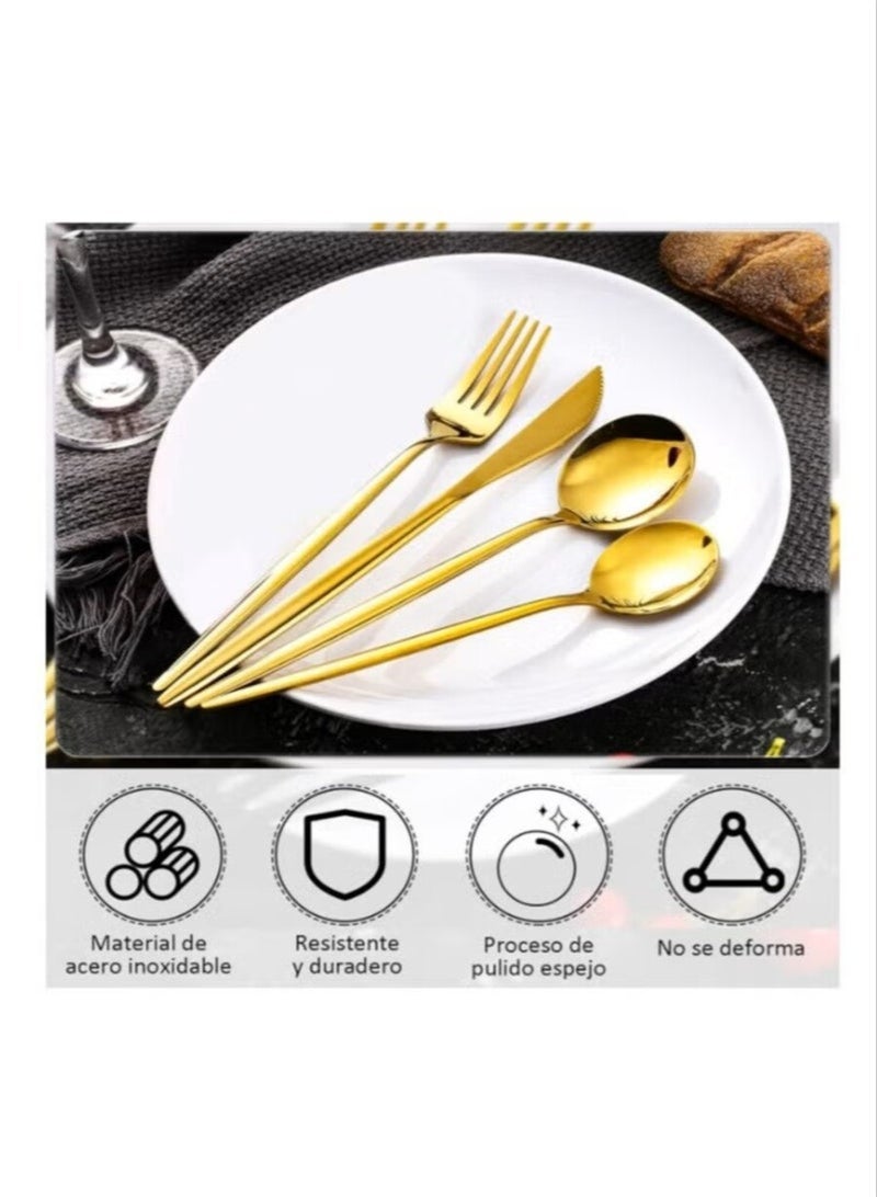 Gold cutlery set (24 pieces) in a premium box – excellent quality – made of stainless steel – includes dinner forks, spoons, and steak knives – serves 6 people – matte gold finish – dishwasher safe. - Image 3