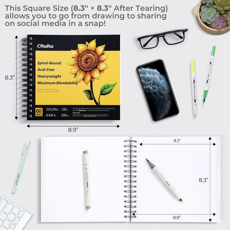 Ohuhu Marker Pads Art Sketchbook - 8.9" x 8.3" Portable Square Size -120 lb/200 gsm Drawing Papers - 60 Sheets/120 Pages - Spiral Bound Sketch Drawing Book for Alcohol Markers Christmas Gift - Image 5