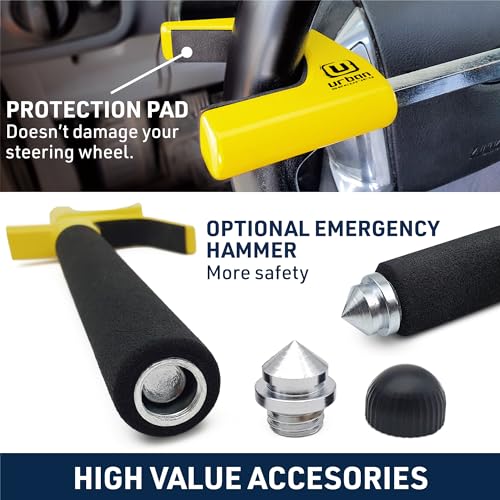 Urban UR959Y High Security Steering Wheel Lock, Most Visible Yellow Steel Double Hook, Automatic Locking, Protective Pads Optional Safety Hammer, Universal Car Anti-Theft Device for Auto SUV Van Truck - Image 4