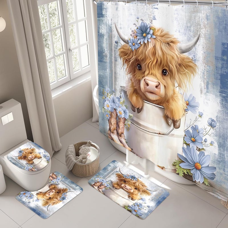 Riyidecor Funny Highland Cow 4Pcs Bathroom Shower Curtain Sets Blue Western Rustic Daisy Floral Bathroom Decor Set with Rugs and Accessories Cute Toilet Lid Rug, Contour and Bath Mat with 12 Hooks - Image 3